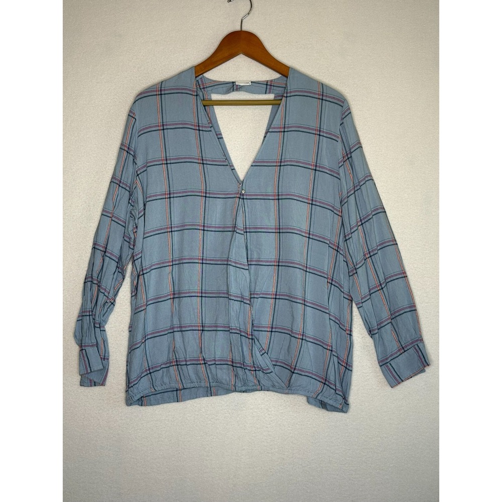 LASCANA Blue Multicolor Plaid Wrap Front Cutout Back Blouse Womens Size 14